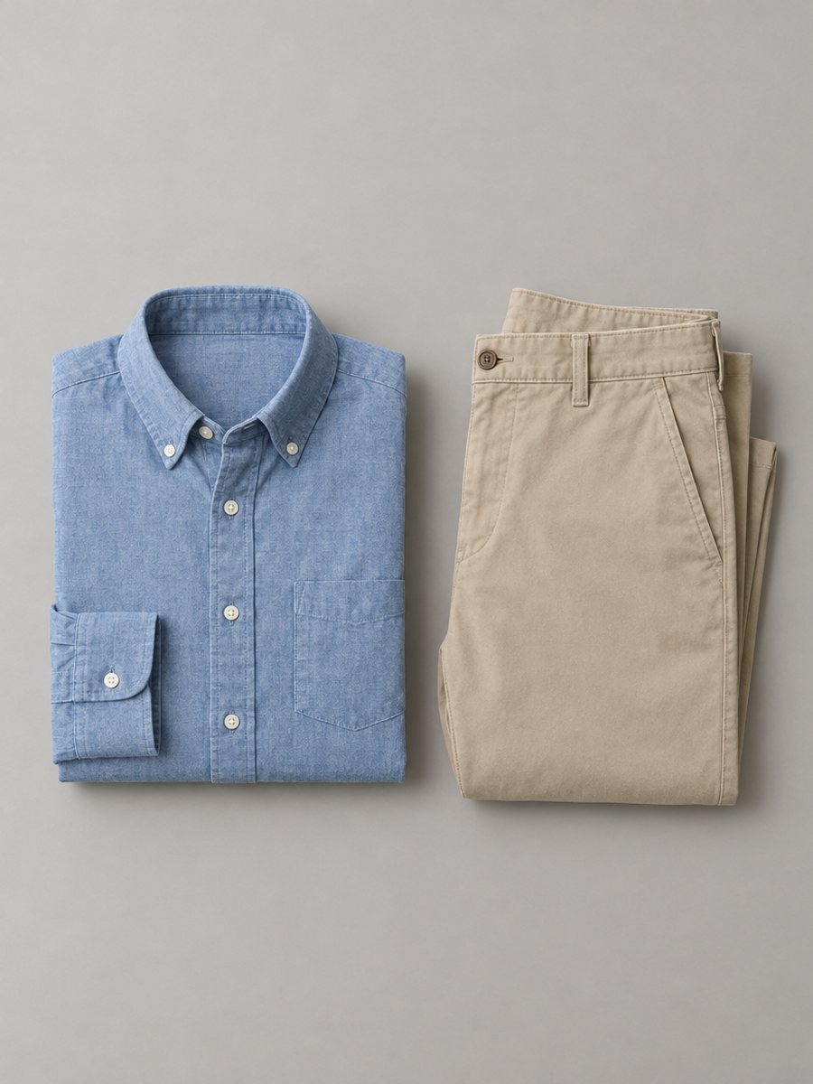Men's chambray shirt and beige chinos, Rose Sourcing