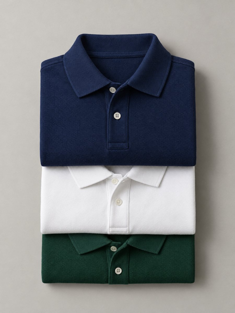 Stack of men's pique polo shirts in navy, white and green, Rose Sourcing