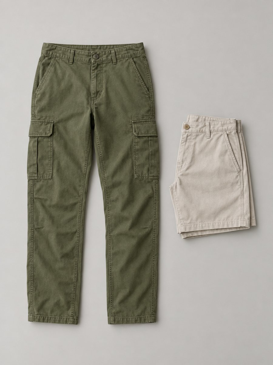 Olive cargo trousers and stone chino shorts, Rose Sourcing