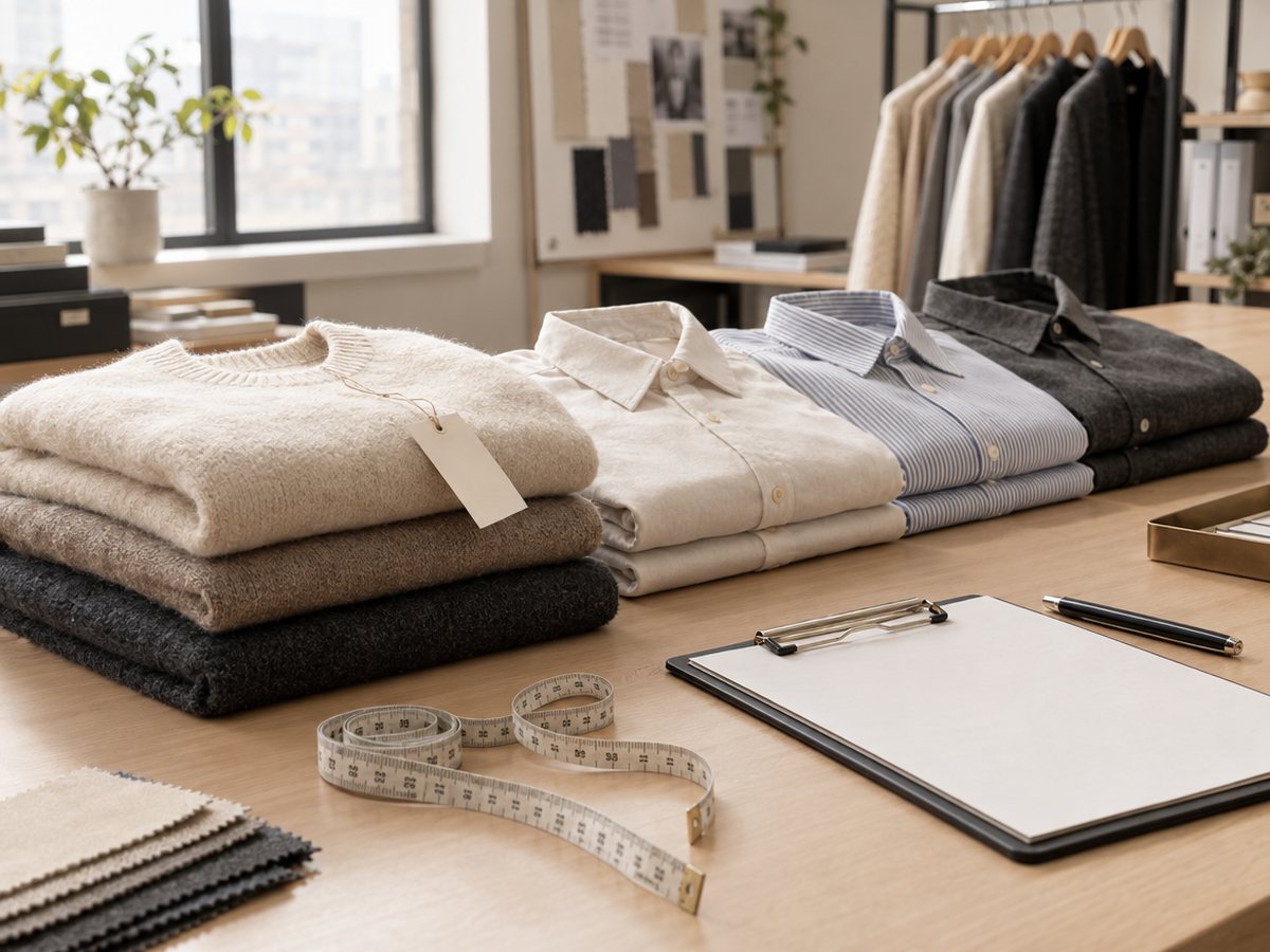 Folded garments, a hangtag and a measuring tape on a quality inspection table
